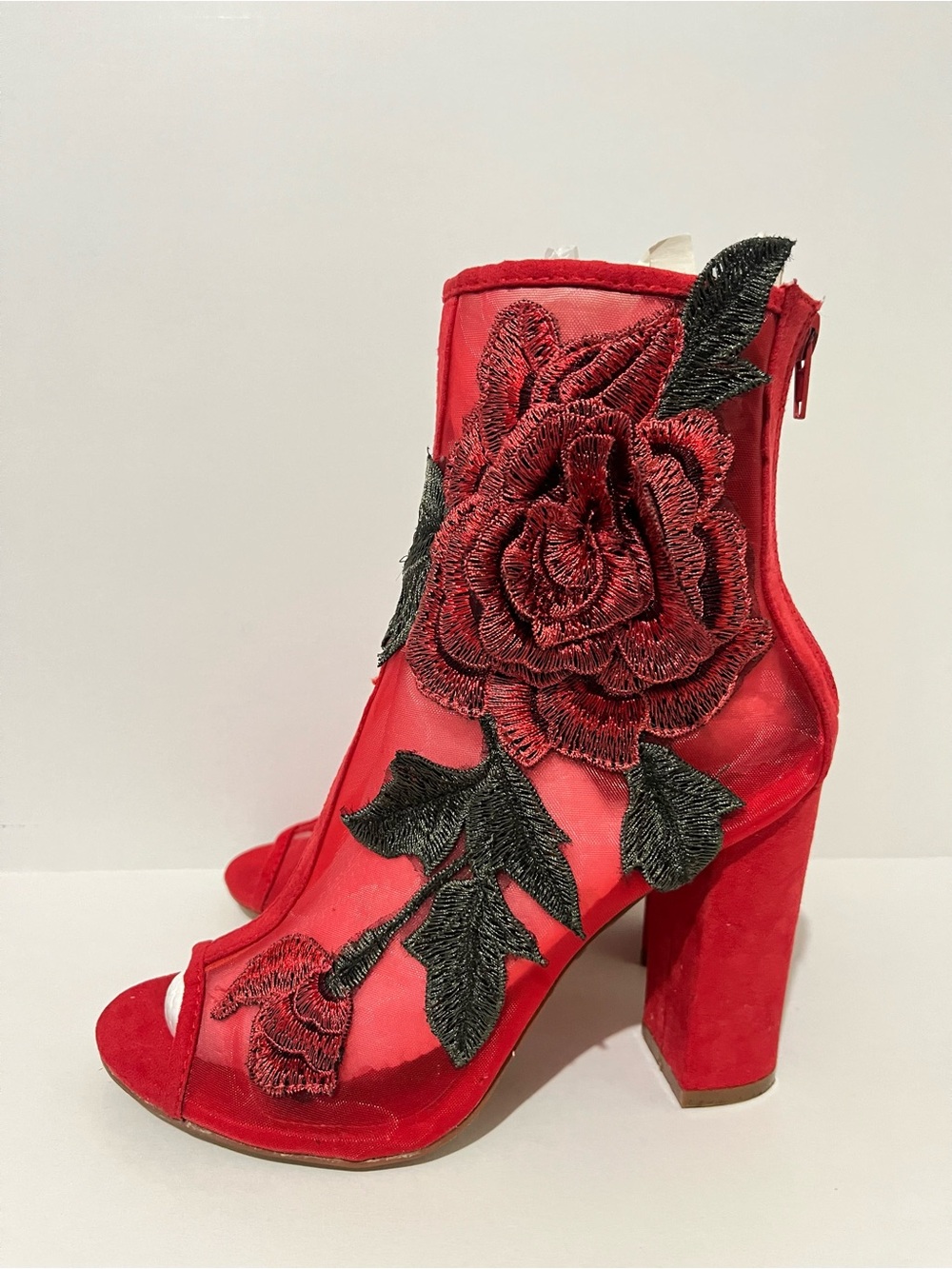 Liliana Red Floral Embroidered Mesh Block Heel Bootie - Women